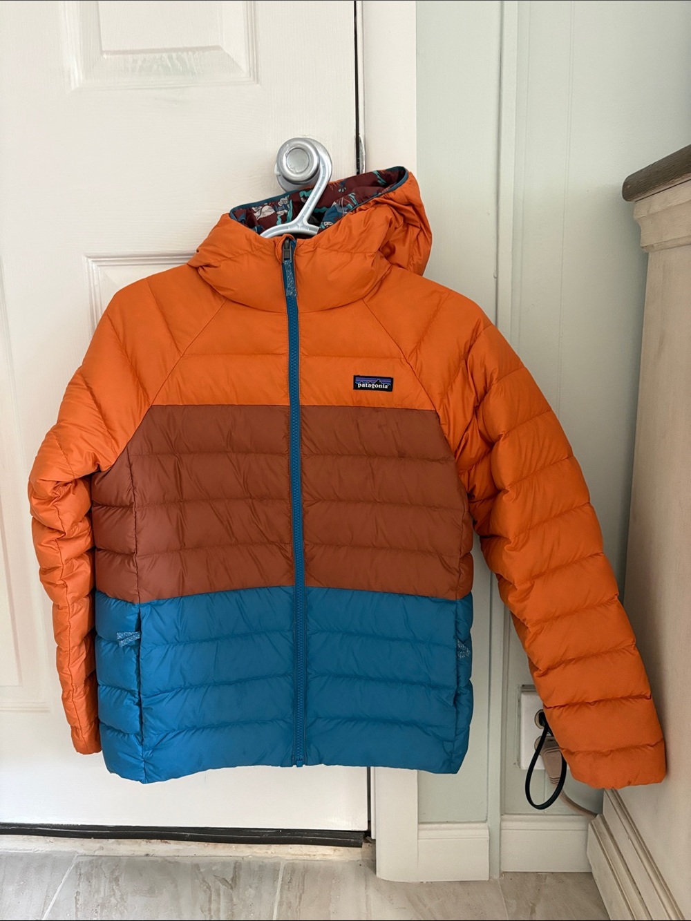Patagonia Kids Colorblock Hooded Puffer Jacket - Orange/ Brown/ Blue